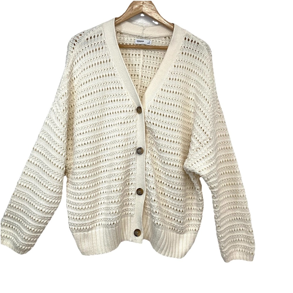 Sonoma  Cream Pointelle Knit Button Front Cardigan Sweater 3X Long Sleeve Basic